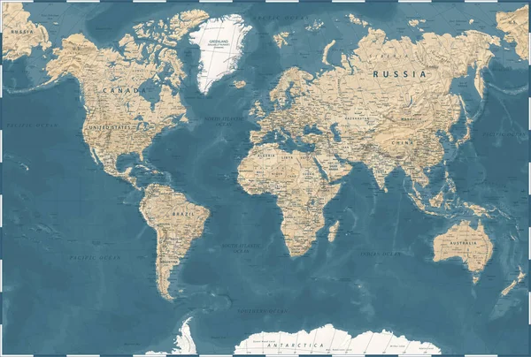 Винтажная Политическая Карта Мира Векторная Детальная Иллюстрация — стоковый вектор