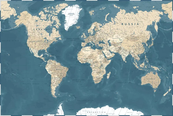 World Map Vintage Πολιτική Διάνυσμα Λεπτομερής Απεικόνιση — Διανυσματικό Αρχείο
