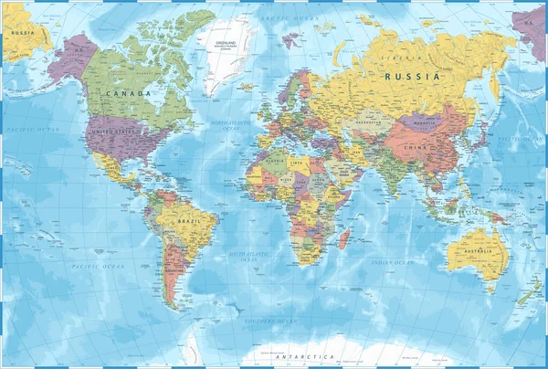 World Map Color Πολιτική Διάνυσμα Λεπτομερής Απεικόνιση — Διανυσματικό Αρχείο