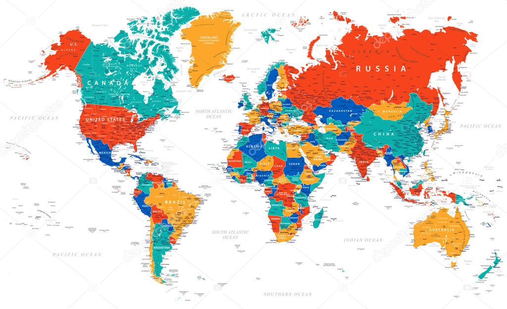 World Map Color Political - Vector Detailed Illustration