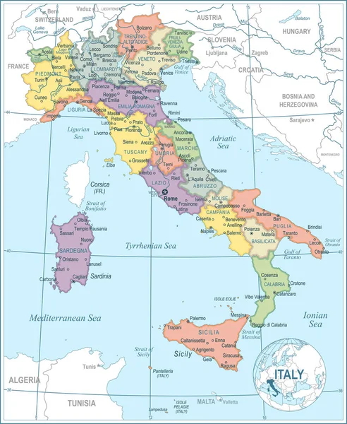 Карта Италии Подробная Векторная Иллюстрация — стоковый вектор