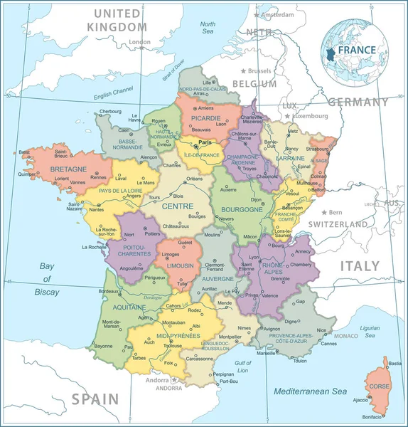 Fransa Haritası Yüksek Ayrıntılı Vektör Illüstrasyonu — Stok Vektör