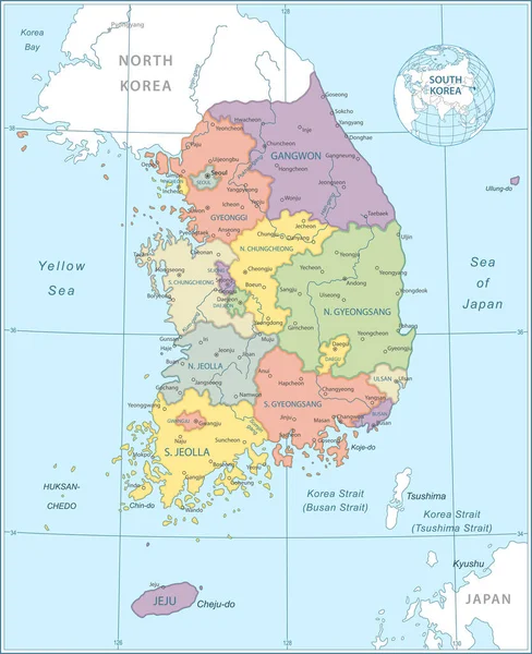 Corea Del Sur Mapa Ilustración Vectorial Muy Detallada — Vector de stock