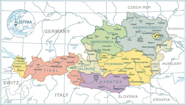 Austria Mapa Ilustración Vectorial Altos Detalles — Vector de stock