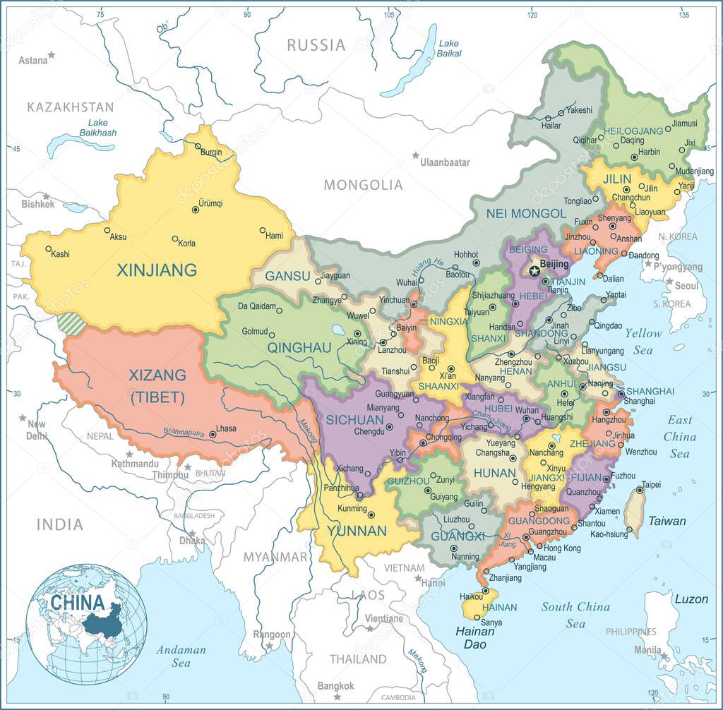 China map and flag - highly detailed vector illustration
