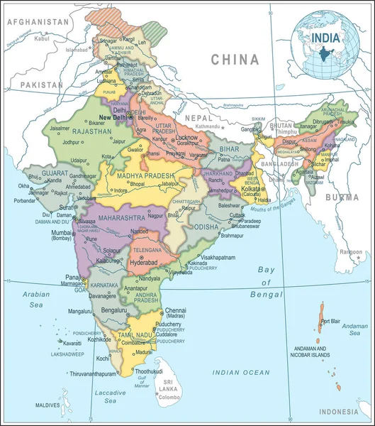 インド地図 インド地図と旅行に出かけよう — ストックベクタ