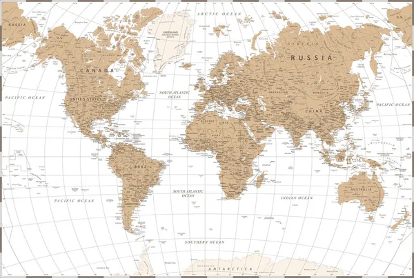 Винтажная Политическая Карта Мира Векторная Детальная Иллюстрация — стоковый вектор