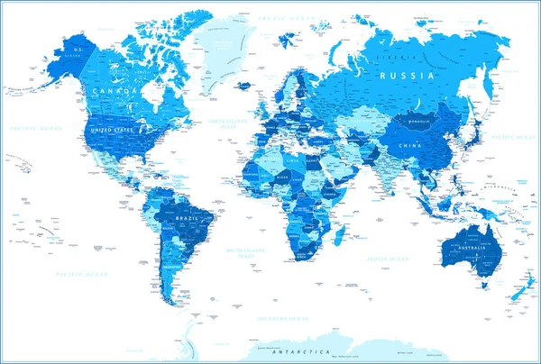 Mapa Del Mundo Blue Political Vector Ilustración Detallada — Vector de stock