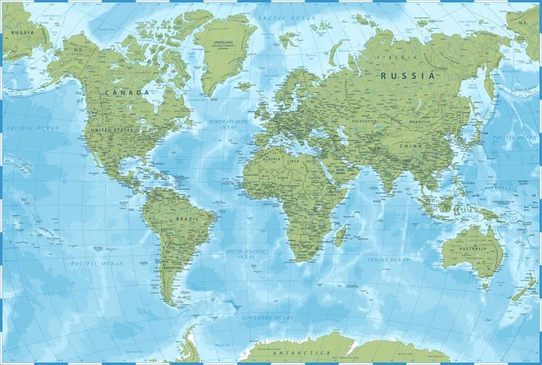 Carte Monde Soulagement Vert Politique Illustration Détaillée Vectorielle — Image vectorielle