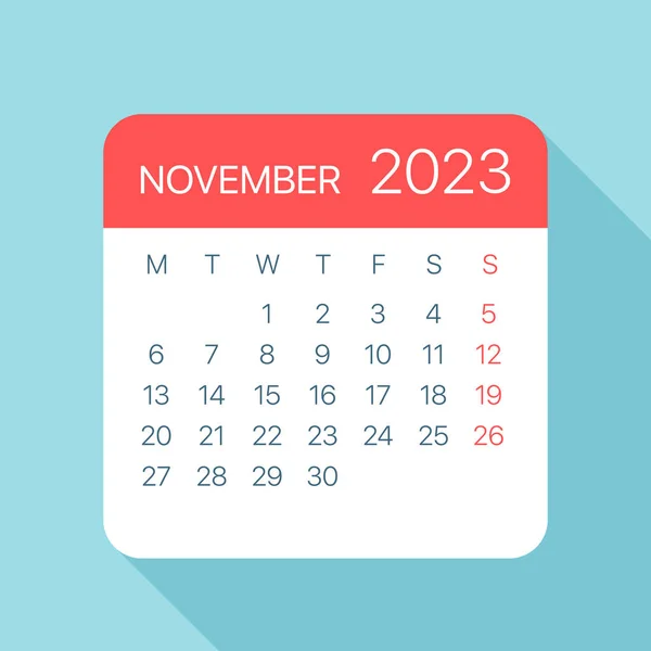 Noiembrie 2023 Calendar Leaf Ilustrație Vectorială — Vector de stoc
