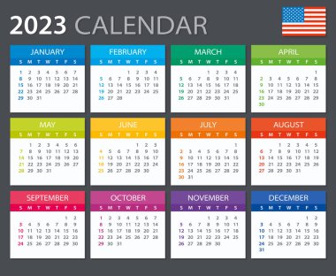 Vector template of color 2023 calendar - English American version