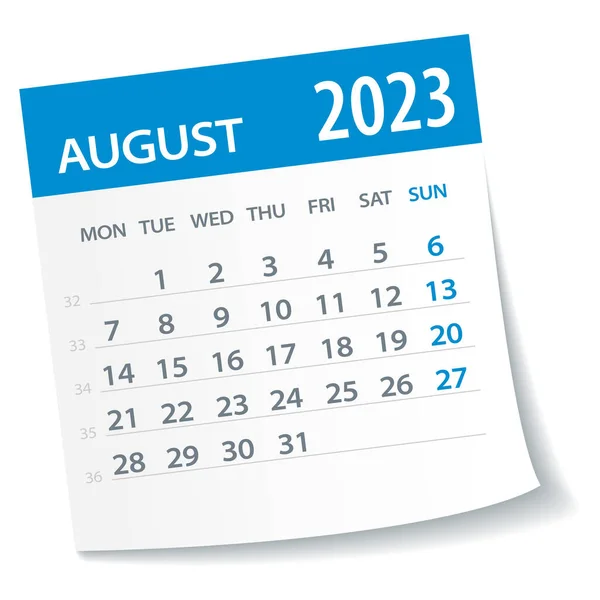 August 2023 Calendar Leaf Week Starts Monday Vector Illustration — ストックベクタ