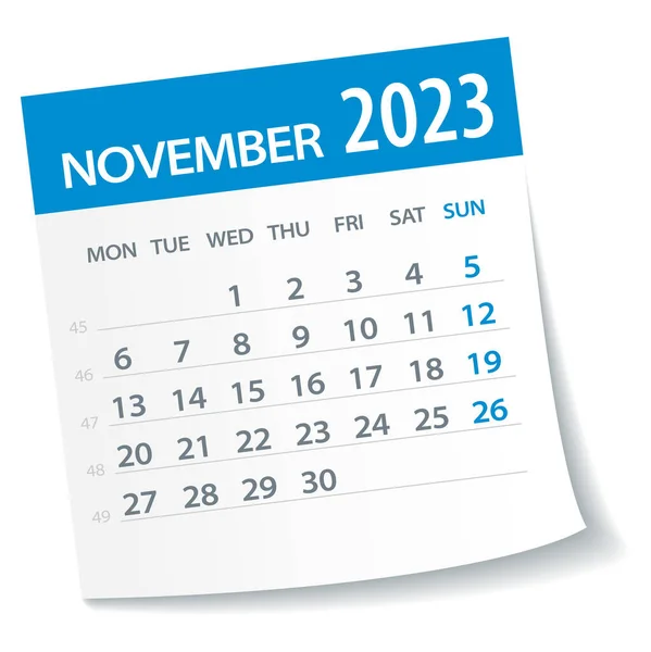 Noiembrie 2023 Calendar Leaf Săptămâna Începe Luni Vector Illustration — Vector de stoc