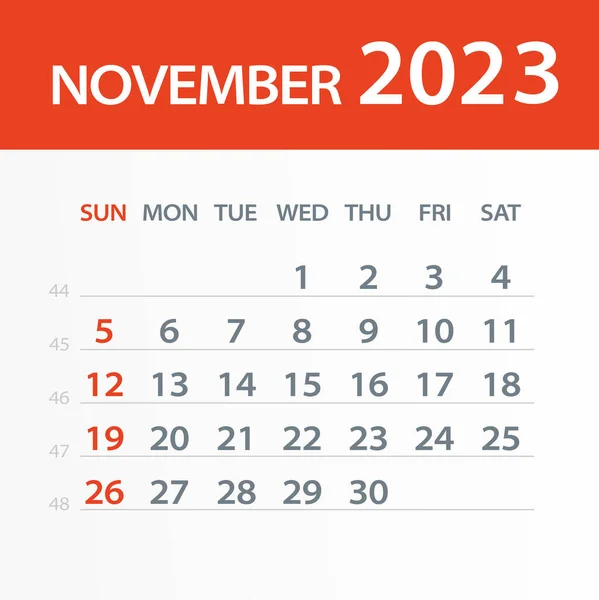 Noiembrie 2023 Calendar Leaf Ilustrație Vectorială — Vector de stoc