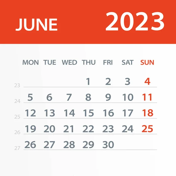 June 2023 Calendar Leaf Vector Illustration Week Starts Monday – stockvektor