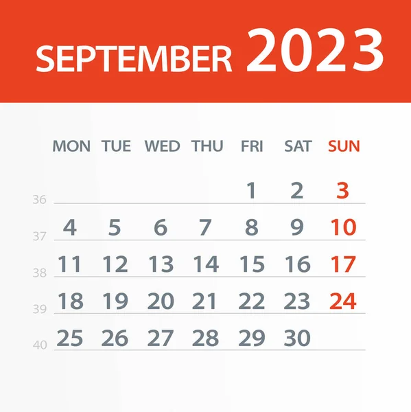 September 2023 Calendar Leaf Vector Illustration Week Starts Monday — Vector de stoc