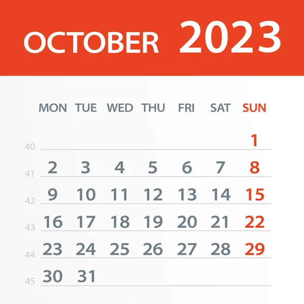 Octombrie 2023 Calendar Leaf Ilustrație Vectorială Săptămâna Începe Luni — Vector de stoc