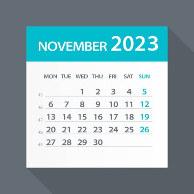 November 2023 Calendar Green Leaf - Vector Illustration. Week starts on Monday