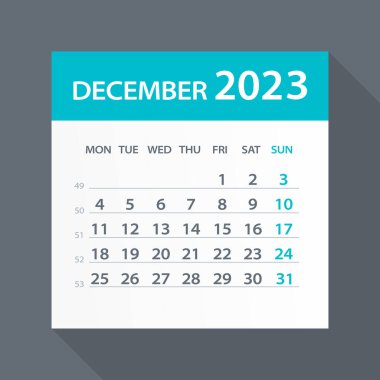 Aralık 2023 Yeşil Yaprak Takvimi - Vektör İllüstrasyonu. Hafta pazartesi başlıyor.