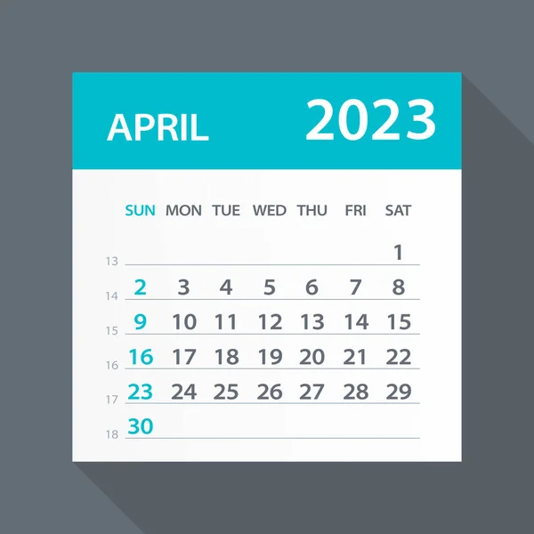 Kwiecień 2023 Kalendarz Zielony Liść Ilustracja Wektora — Wektor stockowy