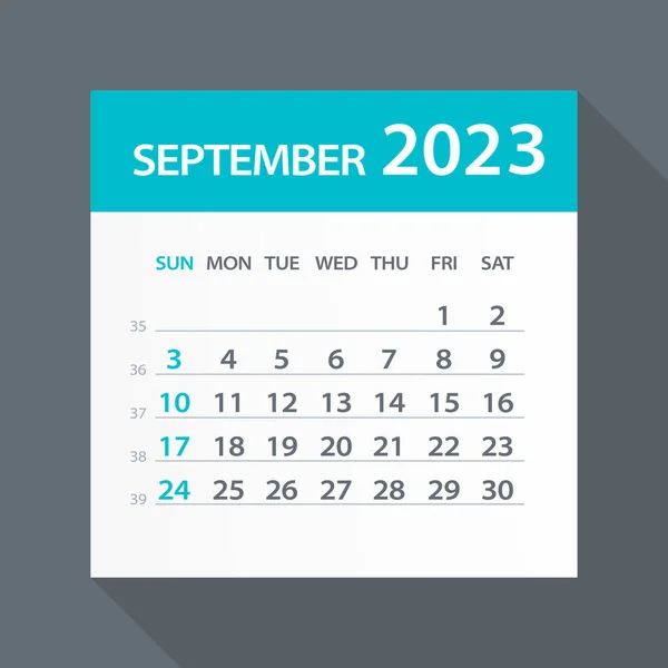 Septembrie 2023 Calendar Frunze Verzi Ilustrație Vectorială — Vector de stoc