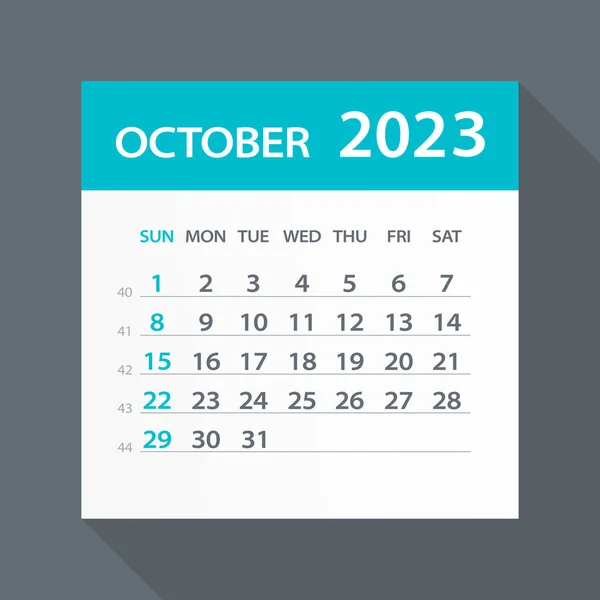 Octombrie 2023 Calendar Frunze Verzi Ilustrație Vectorială — Vector de stoc