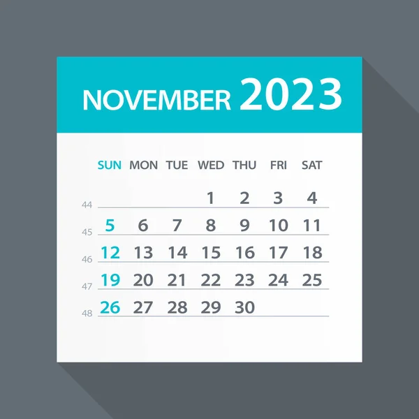 Noiembrie 2023 Calendar Frunze Verzi Ilustrație Vectorială — Vector de stoc