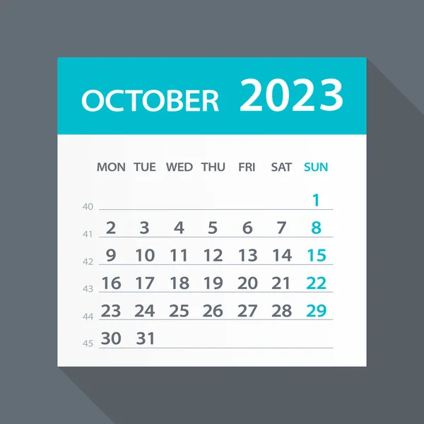 Octombrie 2023 Calendar Frunze Verzi Ilustrație Vectorială Săptămâna Începe Luni — Vector de stoc