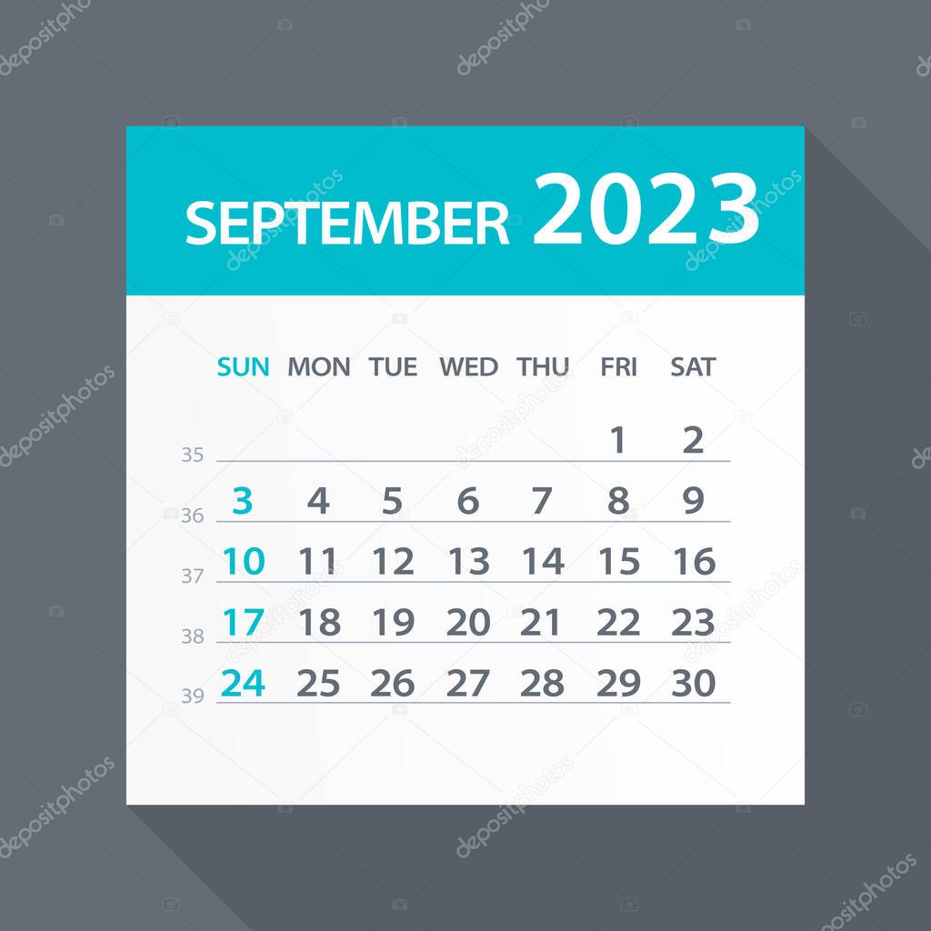 September 2023 Calendar Green Leaf - Vector Illustration