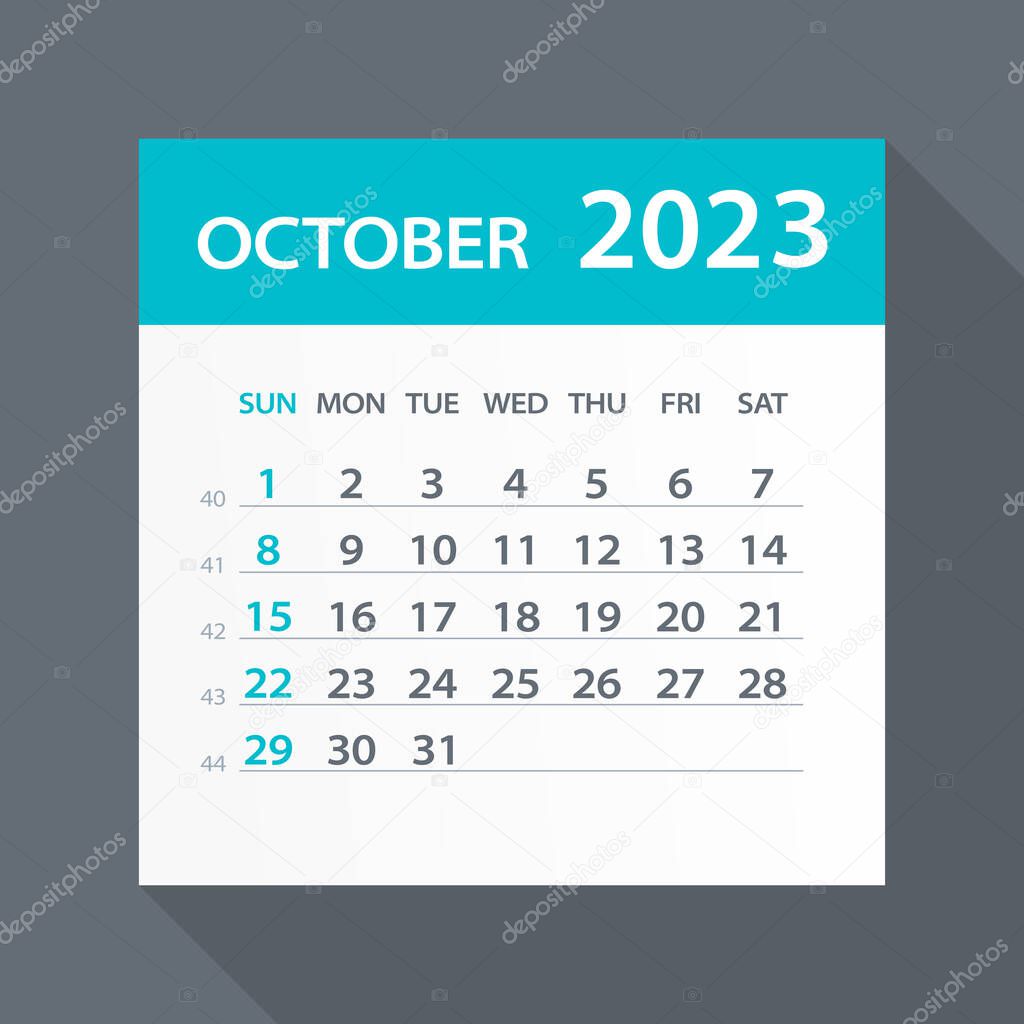October 2023 Calendar Green Leaf - Vector Illustration