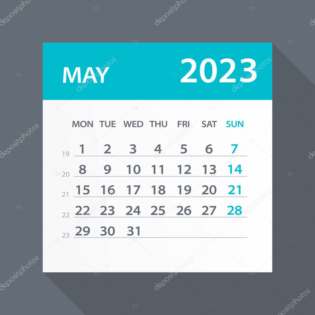 May 2023 Calendar Green Leaf - Vector Illustration. Week starts on Monday