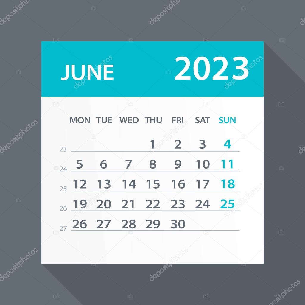 June 2023 Calendar Green Leaf - Vector Illustration. Week starts on Monday