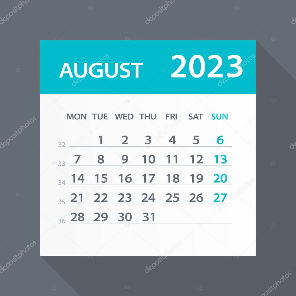 August 2023 Calendar Leaf - Vector Illustration. Week starts on Monday