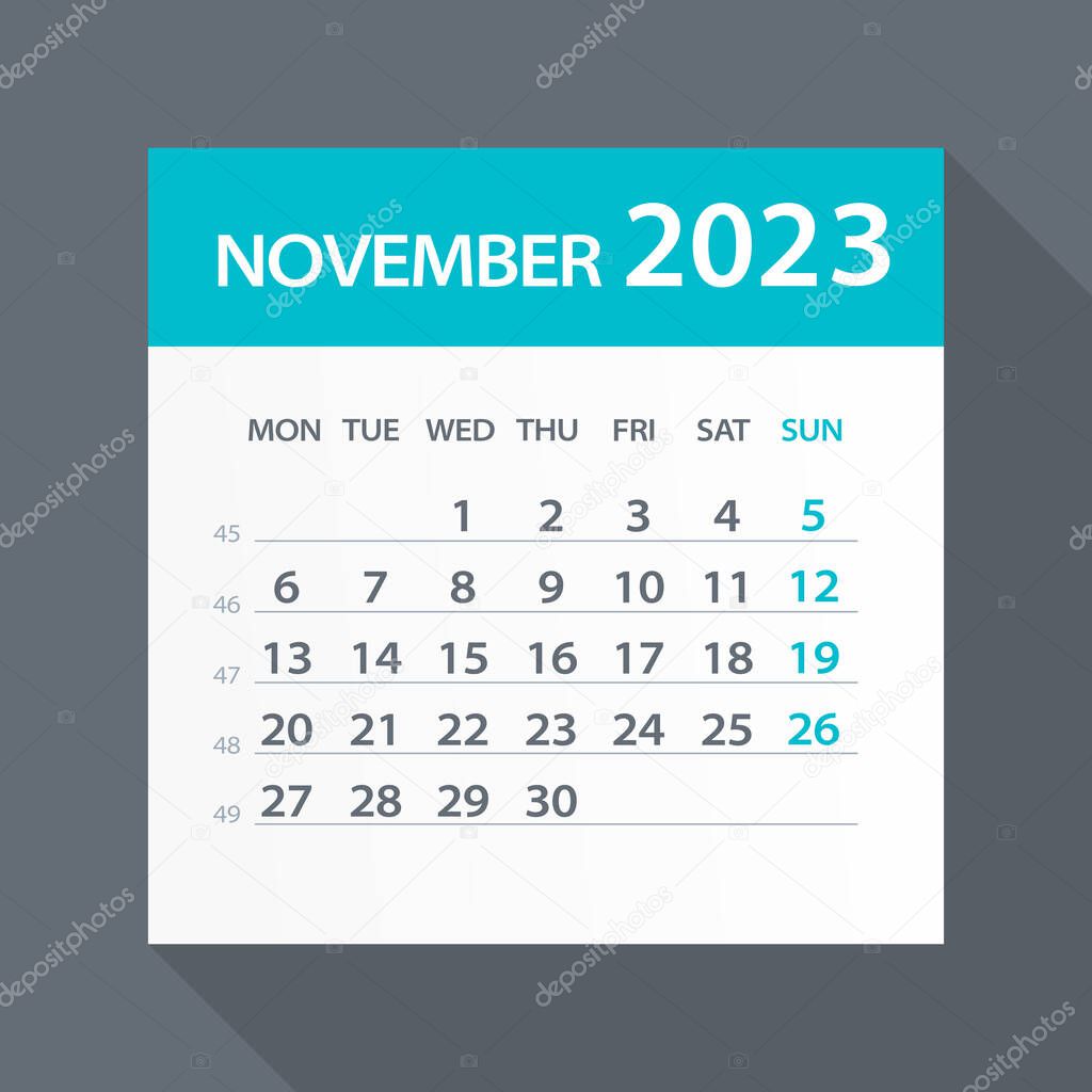 November 2023 Calendar Green Leaf - Vector Illustration. Week starts on Monday