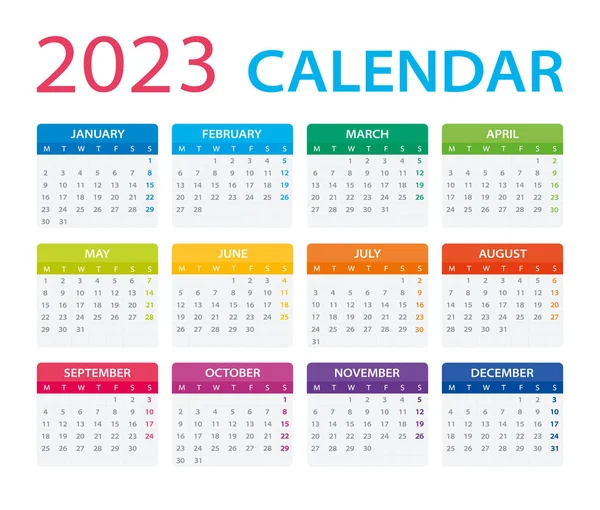 Vector Template Color 2023 Calendar Monday Sunday — Stok Vektör