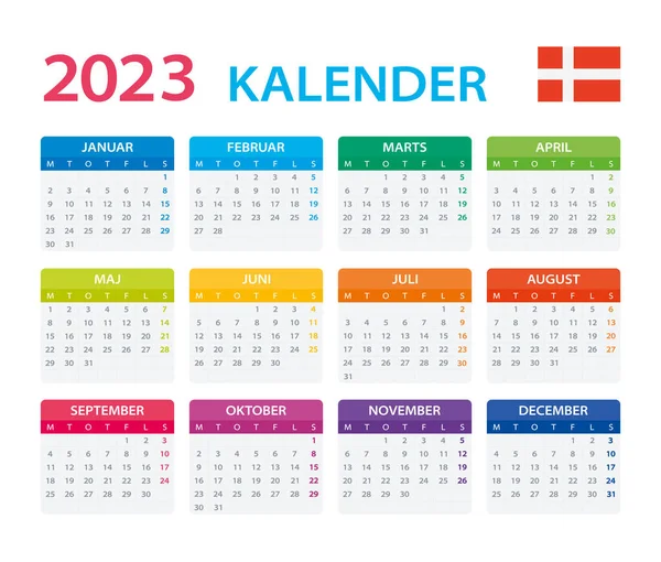 Vector Template Color 2023 Calendar Version Denmark — Stockový vektor