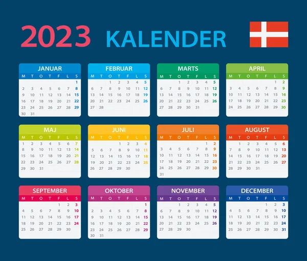 Vektorová Šablona Barevného Kalendáře 2023 Dánská Verze — Stockový vektor