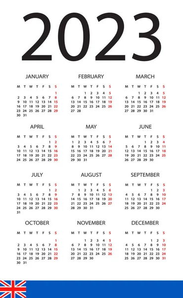 Calendar 2023 Year Vector Illustration English Version Week Starts Monday — Wektor stockowy