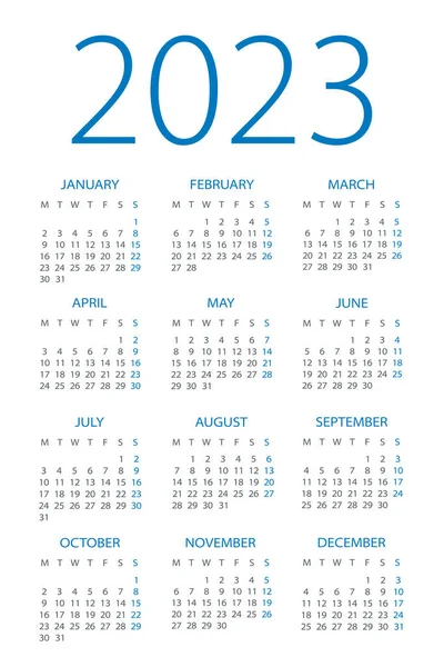 Calendario 2023 Ilustración Lunes Domingo — Vector de stock