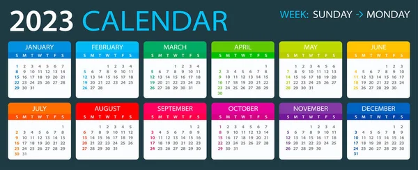 2023 Calendar Vector Illustration Sunday Monday Template — Stockvector