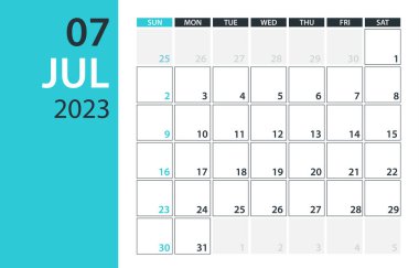 Temmuz 2023 Takvim Planlayıcısı - Vektör. Şablon oluşturun. Görüntü
