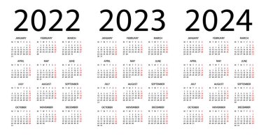 Calendar 2022, 2023, 2024 year - vector illustration. Week starts on Monday. Calendar Set for 2022, 2023, 2024