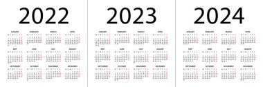 Calendar 2022, 2023, 2024 year - vector illustration. Week starts on Monday. Calendar Set for 2022, 2023, 2024