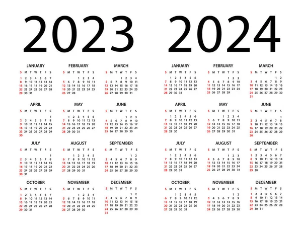Calendar 2023 2024 Year Vector Illustration Week Starts Sunday Calendar — Stock Vector