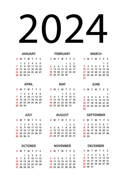 Calendar 2024 Year Vector Illustration Week Starts Sunday Calendar Set — Stockvector