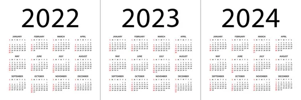 Calendar 2022 2023 2024 Year Vector Illustration Week Starts Sunday — стоковый вектор