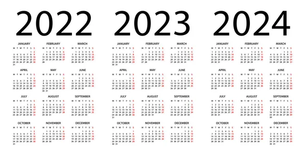 Calendar 2022 2023 2024 Year Vector Illustration Week Starts Monday — Stockvector