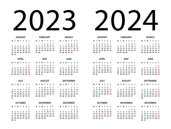 Calendar 2023 2024 Year Vector Illustration Week Starts Monday Calendar — Vector de stock