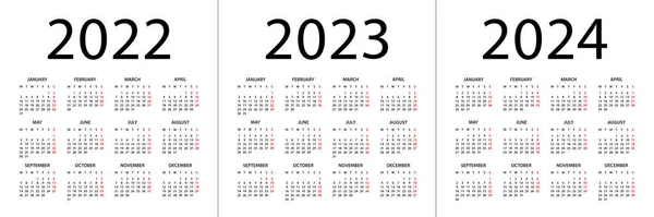 Calendar 2022 2023 2024 Year Vector Illustration Week Starts Monday — Stock Vector