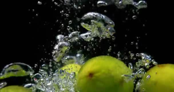 Limes caindo na água em um fundo preto — Vídeo de Stock